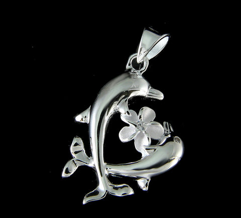 STERLING SILVER 925 HAWAIIAN 2 DOLPHIN PLUMERIA FLOWER PENDANT