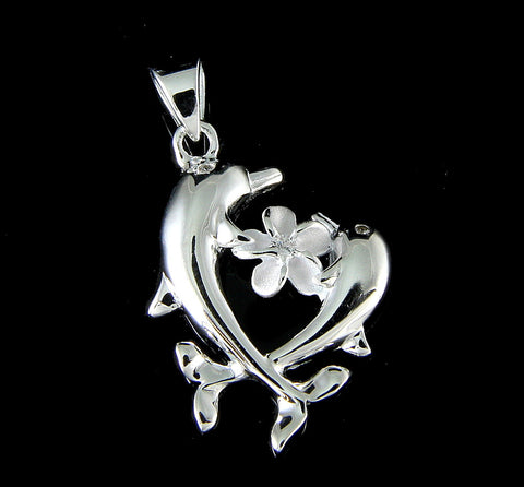 STERLING SILVER 925 HAWAIIAN 2 DOLPHIN PLUMERIA FLOWER PENDANT