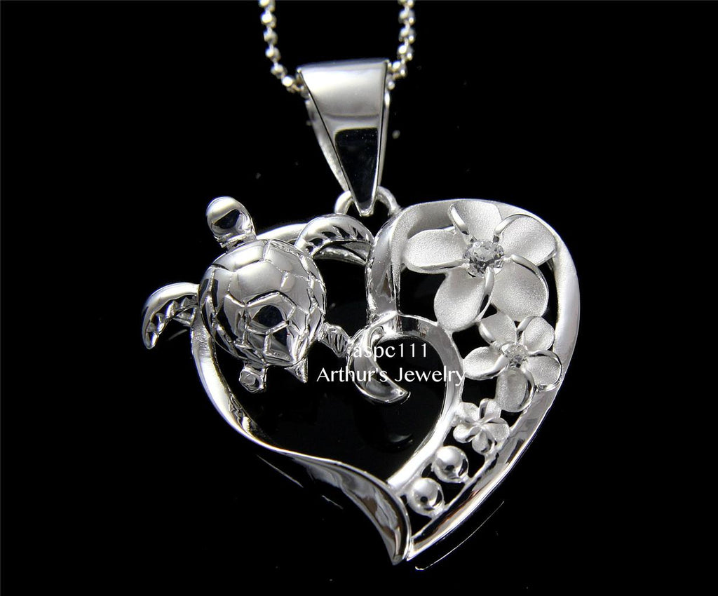 SILVER 925 HAWAIIAN CZ PLUMERIA FLOWER SEA TURTLE HONU HEART PENDANT