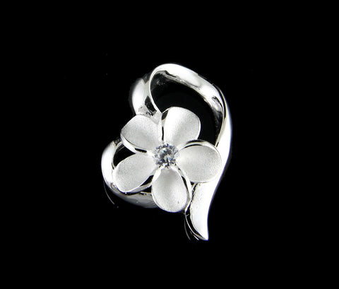 STERLING SILVER 925 HAWAIIAN PLUMERIA FLOWER SHINY FLOATING HEART PENDANT CZ