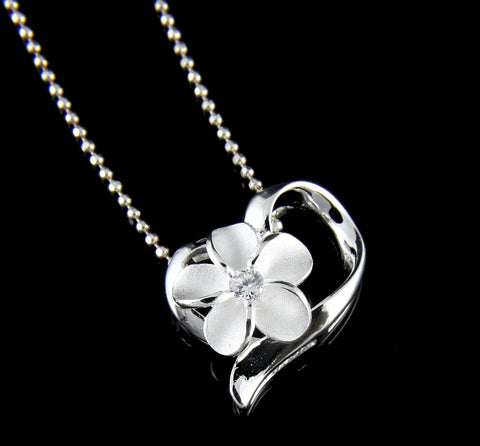 STERLING SILVER 925 HAWAIIAN PLUMERIA FLOWER SHINY FLOATING HEART PENDANT CZ