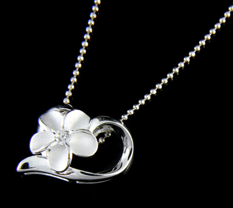 STERLING SILVER 925 HAWAIIAN PLUMERIA FLOWER SHINY FLOATING HEART PENDANT CZ