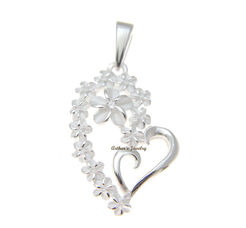 STERLING SILVER 925 13 HAWAIIAN PLUMERIA FLOWER HEART DESIGN PENDANT