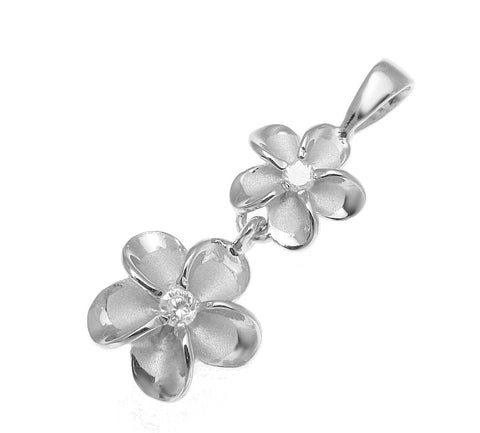 STERLING SILVER 925 HAWAIIAN 8MM DANGLE 10MM PLUMERIA FLOWER PENDANT RHODIUM