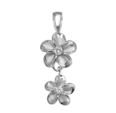 STERLING SILVER 925 HAWAIIAN 10MM DANGLE 8MM PLUMERIA FLOWER PENDANT RHODIUM