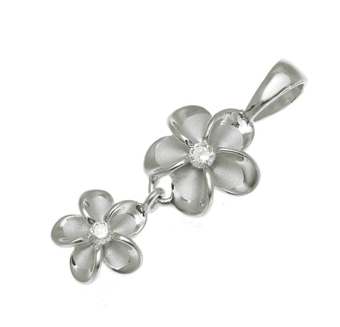 STERLING SILVER 925 HAWAIIAN 10MM DANGLE 8MM PLUMERIA FLOWER PENDANT RHODIUM