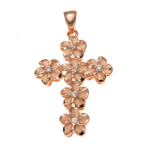 PINK ROSE GOLD SILVER 925 HAWAIIAN FANCY PLUMERIA FLOWER CROSS PENDANT CZ