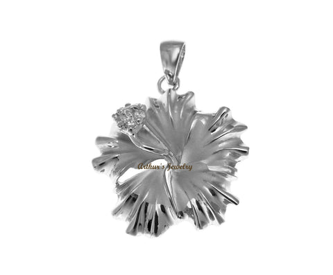 STERLING SILVER 925 HAWAIIAN FANCY HIBISCUS FLOWER PENDANT RHODIUM CZ 15MM -25MM