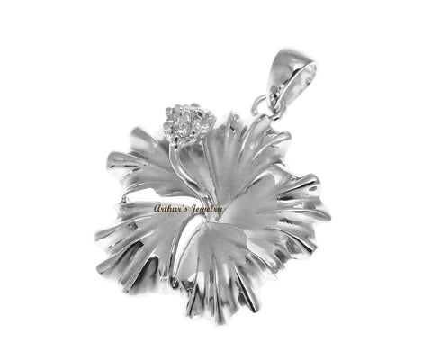 STERLING SILVER 925 HAWAIIAN FANCY HIBISCUS FLOWER PENDANT RHODIUM CZ 15MM -25MM