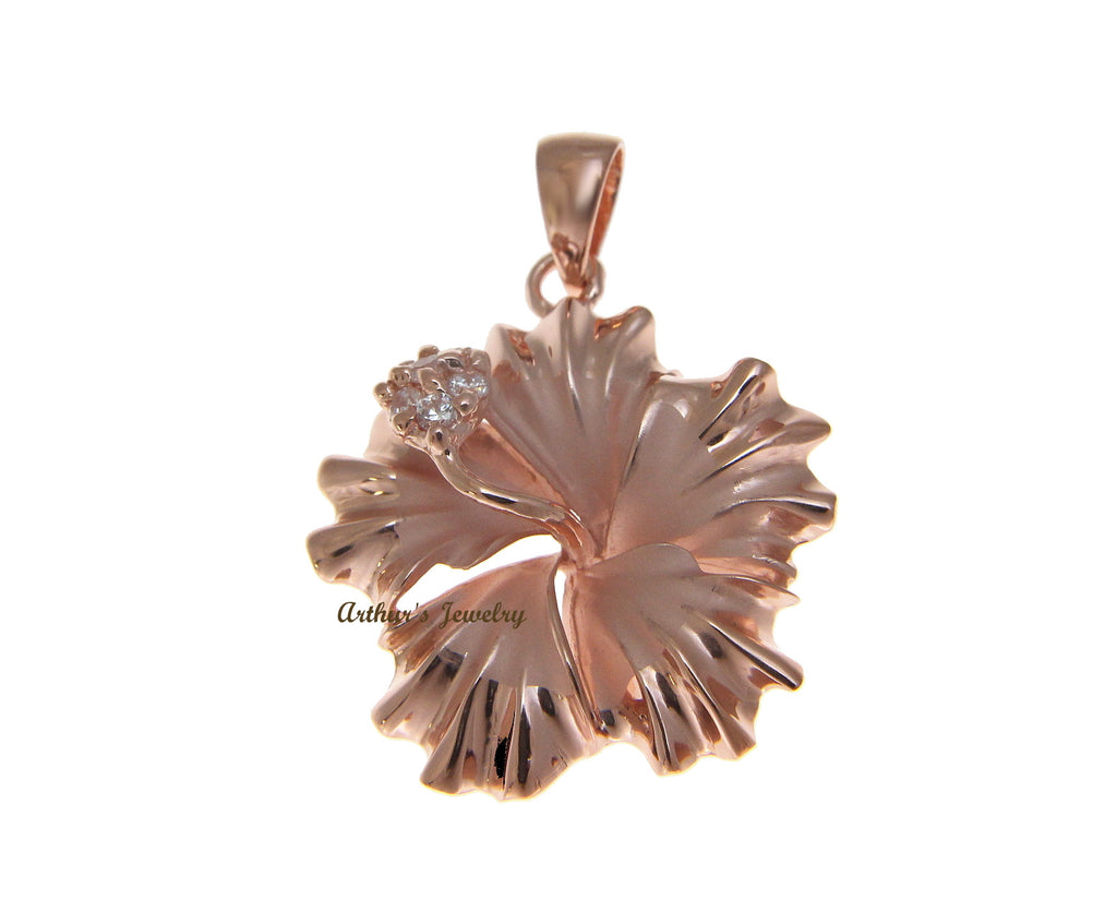 STERLING SILVER 925 HAWAIIAN HIBISCUS FLOWER PENDANT CZ 25MM PINK GOLD PLATED