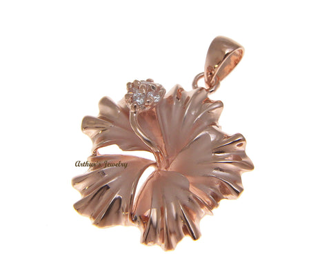 STERLING SILVER 925 HAWAIIAN HIBISCUS FLOWER PENDANT CZ 25MM PINK GOLD PLATED