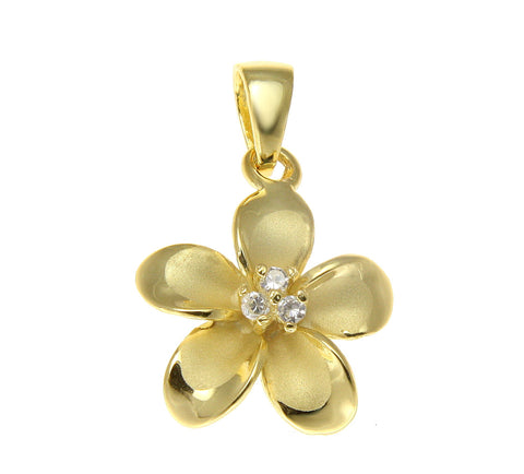 925 Sterling Silver Yellow Gold Hawaiian Plumeria Flower 3 CZ Pendant 12-30mm