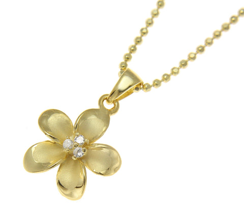 925 Sterling Silver Yellow Gold Hawaiian Plumeria Flower 3 CZ Pendant 12-30mm