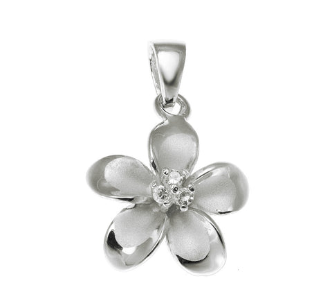 925 Sterling Silver Hawaiian Plumeria Flower 3 CZ Rhodium Pendant Charm 12-30mm