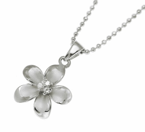 925 Sterling Silver Hawaiian Plumeria Flower 3 CZ Rhodium Pendant Charm 12-30mm