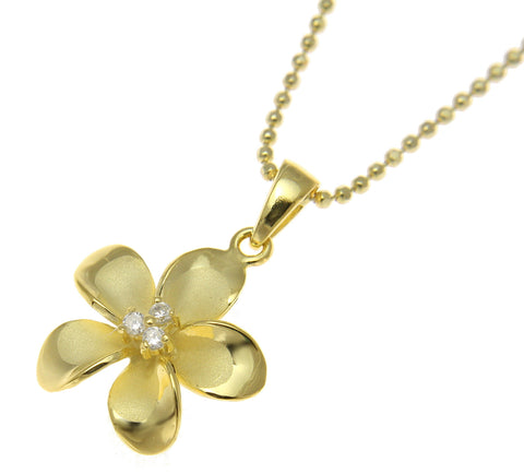 925 Sterling Silver Yellow Gold Hawaiian Plumeria Flower 3 CZ Pendant 12-30mm