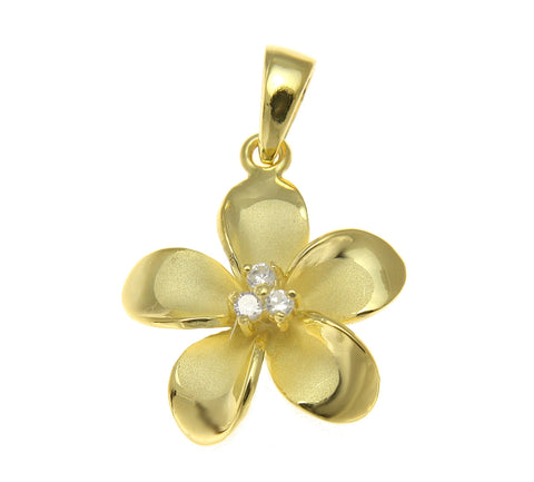 925 Sterling Silver Yellow Gold Hawaiian Plumeria Flower 3 CZ Pendant 12-30mm