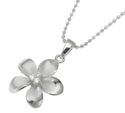 925 Sterling Silver Hawaiian Plumeria Flower 3 CZ Rhodium Pendant Charm 12-30mm