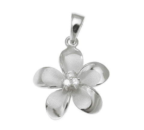 925 Sterling Silver Hawaiian Plumeria Flower 3 CZ Rhodium Pendant Charm 12-30mm