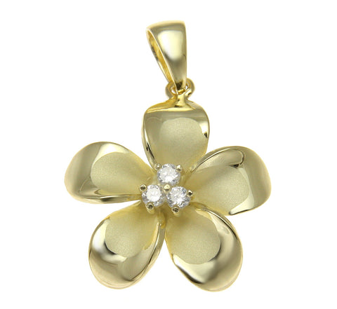 925 Sterling Silver Yellow Gold Hawaiian Plumeria Flower 3 CZ Pendant 12-30mm