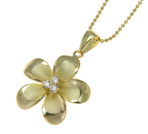 925 Sterling Silver Yellow Gold Hawaiian Plumeria Flower 3 CZ Pendant 12-30mm