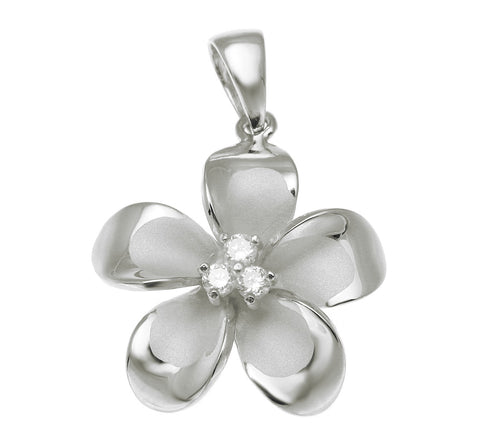 925 Sterling Silver Hawaiian Plumeria Flower 3 CZ Rhodium Pendant Charm 12-30mm