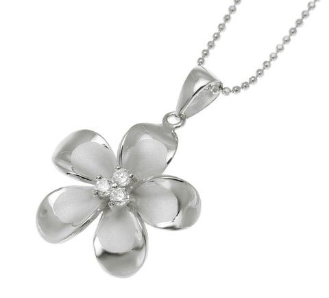 925 Sterling Silver Hawaiian Plumeria Flower 3 CZ Rhodium Pendant Charm 12-30mm