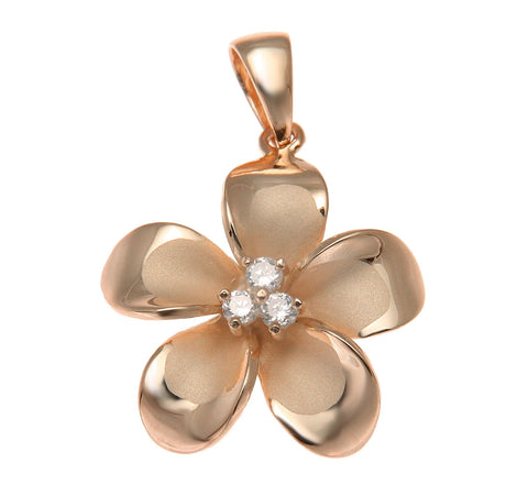 925 Sterling Silver Pink Rose Gold Hawaiian Plumeria Flower 3 CZ Pendant 12-30mm