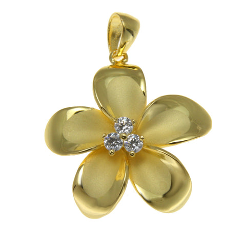 925 Sterling Silver Yellow Gold Hawaiian Plumeria Flower 3 CZ Pendant 12-30mm