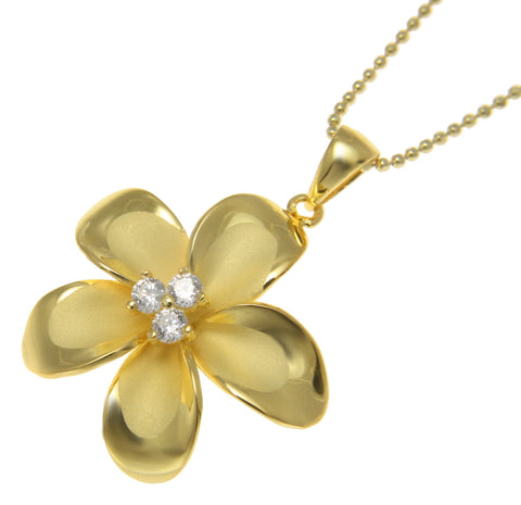 925 Sterling Silver Yellow Gold Hawaiian Plumeria Flower 3 CZ Pendant 12-30mm