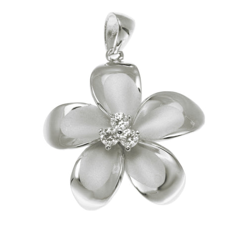 925 Sterling Silver Hawaiian Plumeria Flower 3 CZ Rhodium Pendant Charm 12-30mm