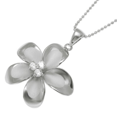 925 Sterling Silver Hawaiian Plumeria Flower 3 CZ Rhodium Pendant Charm 12-30mm