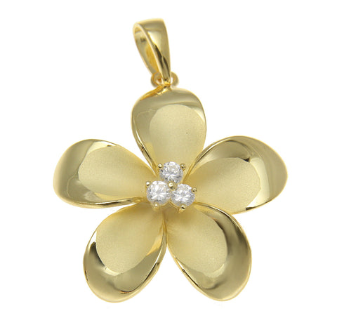 925 Sterling Silver Yellow Gold Hawaiian Plumeria Flower 3 CZ Pendant 12-30mm