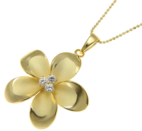 925 Sterling Silver Yellow Gold Hawaiian Plumeria Flower 3 CZ Pendant 12-30mm