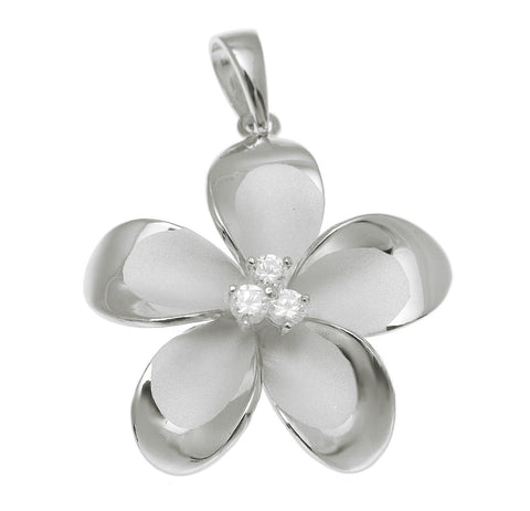 925 Sterling Silver Hawaiian Plumeria Flower 3 CZ Rhodium Pendant Charm 12-30mm