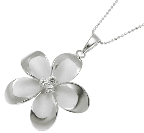 925 Sterling Silver Hawaiian Plumeria Flower 3 CZ Rhodium Pendant Charm 12-30mm