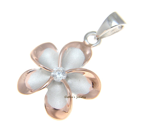 STERLING SILVER 925 HAWAIIAN PLUMERIA FLOWER PENDANT RHODIUM ROSE GOLD 2T 18MM