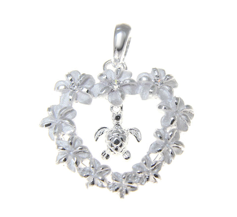 925 SILVER HAWAIIAN PLUMERIA FLOWER HEART LEI DANGLE SEA TURTLE HONU PENDANT