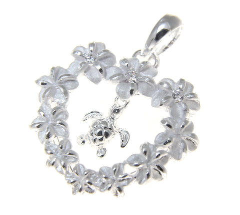 925 SILVER HAWAIIAN PLUMERIA FLOWER HEART LEI DANGLE SEA TURTLE HONU PENDANT