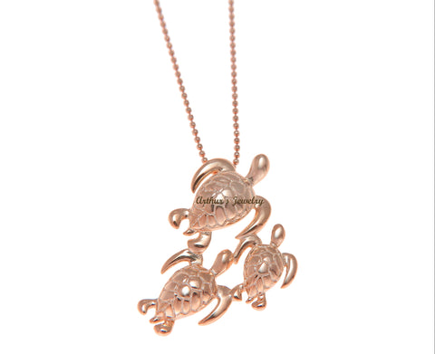 ROSE GOLD PLATED STERLING SILVER 925 HAWAIIAN 3 SEA TURTLE FAMILY SLIDE PENDANT