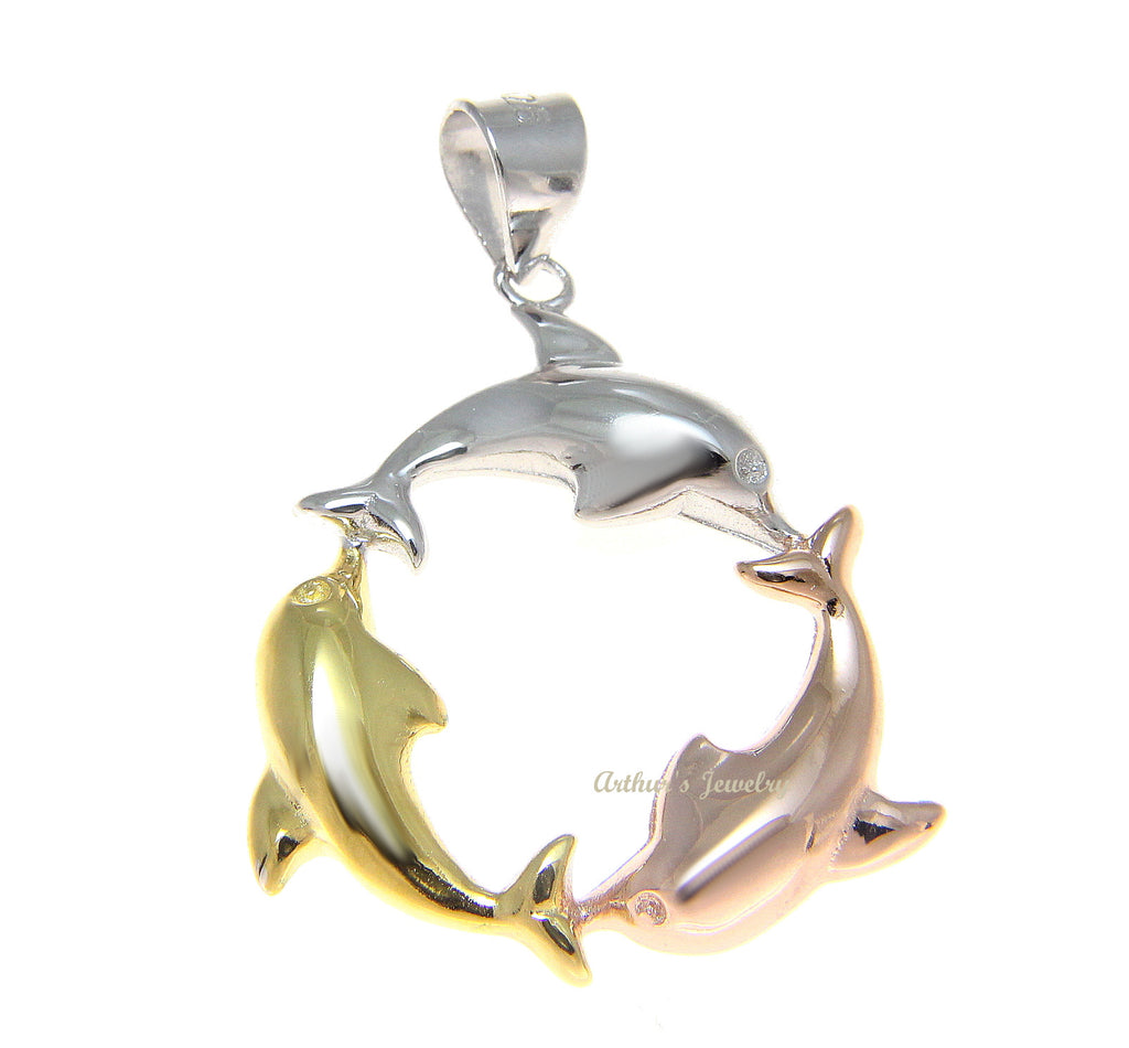 ROSE GOLD YELLOW GOLD 925 SILVER TRICOLOR HAWAIIAN DOLPHIN CIRCLE PENDANT 25MM