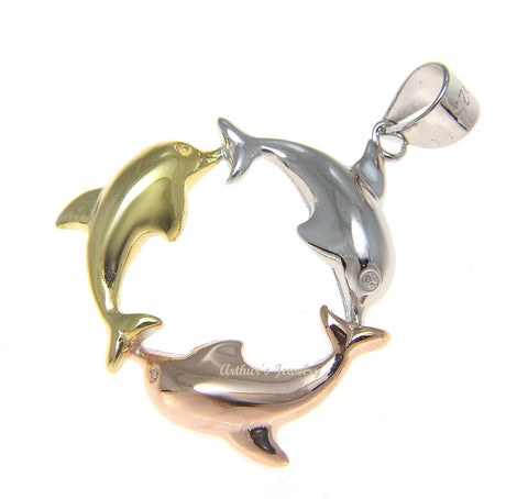 ROSE GOLD YELLOW GOLD 925 SILVER TRICOLOR HAWAIIAN DOLPHIN CIRCLE PENDANT 25MM