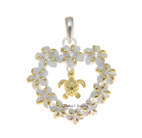 925 SILVER HAWAIIAN PLUMERIA FLOWER HEART LEI 2T YELLOW SEA TURTLE HONU PENDANT