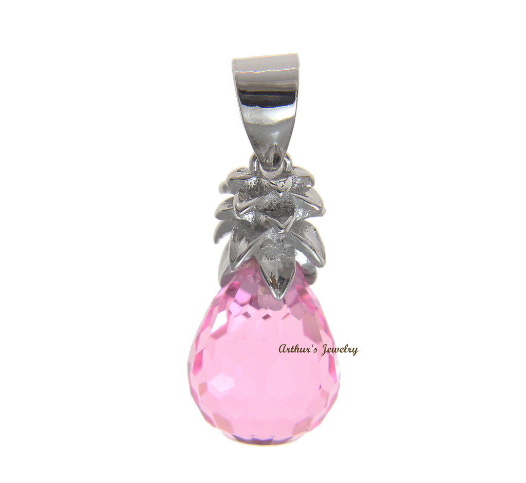 FACETED PINK CRYSTAL HAWAIIAN PINEAPPLE CHARM PENDANT 925 STERLING SILVER 9.8MM