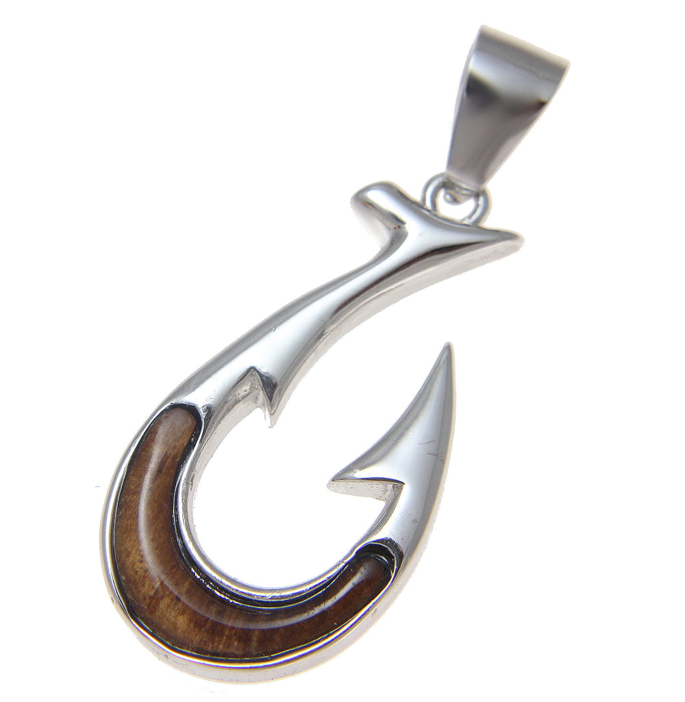 GENUINE INLAY HAWAIIAN KOA WOOD FISH HOOK PENDANT STERLING SILVER 925 –  Arthur's Jewelry