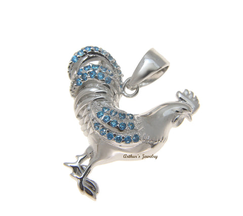 925 Sterling Silver Genuine Blue Topaz Hawaiian Rooster Cock Pendant