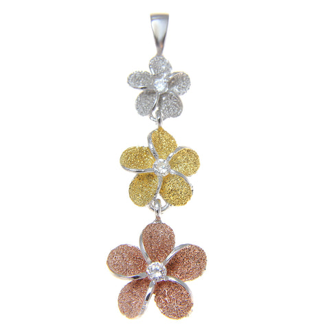 925 STERLING SILVER TRICOLOR 3 HAWAIIAN PLUMERIA FLOWER DANGLE PENDANT MEDIUM