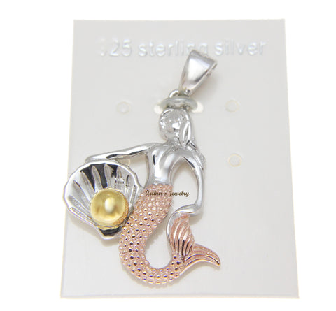 925 Sterling Silver Tricolor Hawaiian Mermaid Pearl Shell Oyster Pendant Charm