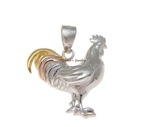 925 Sterling Silver Tricolor Yellow Pink Rhodium Rooster Cock Chicken Pendant