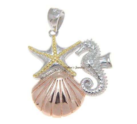 925 Silver Tricolor Hawaiian Sealife Starfish Seahorse Sunrise Shell Pendant